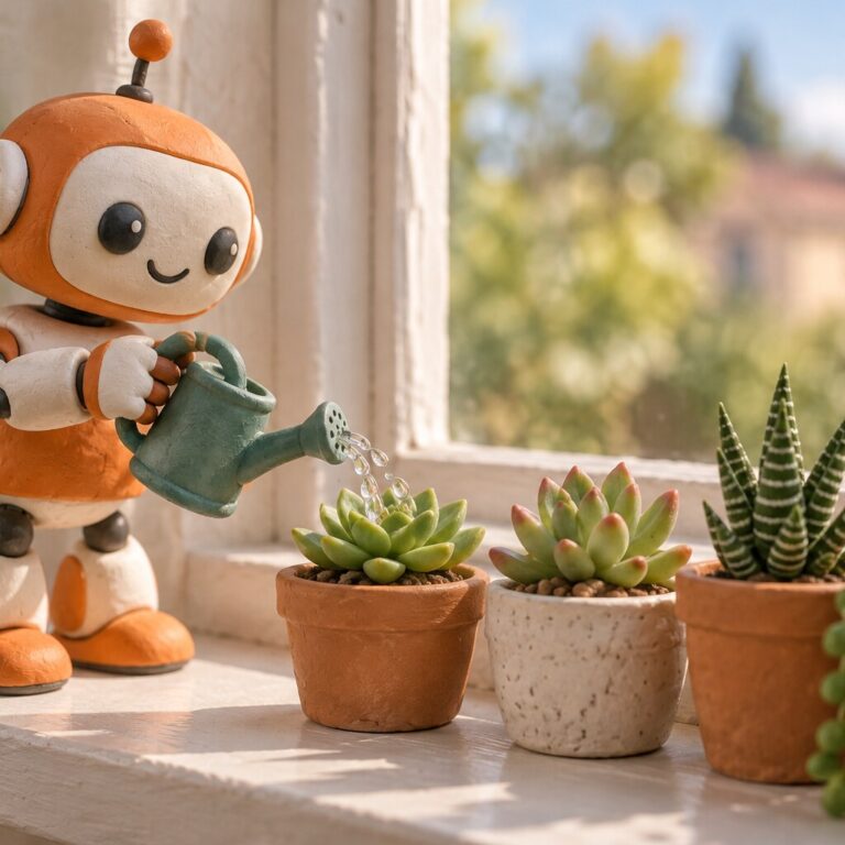 Süßer Roboter gießt Sukkulenten im Pastell-Look
