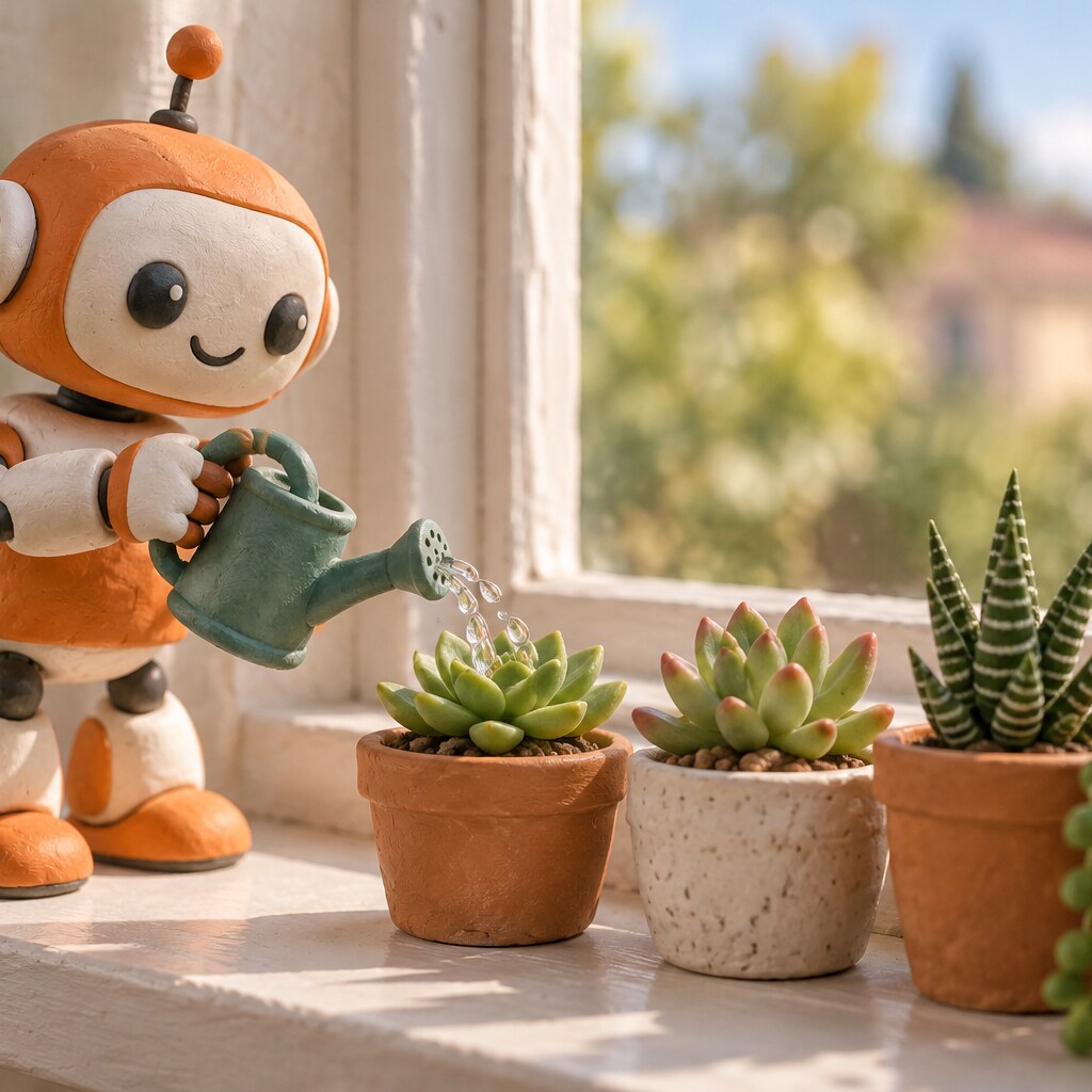 Tierno robot regando suculentas en ventana soleada
