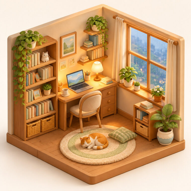 Gemütliches Büro mit Katze, Regenfenster im 3D-Stil