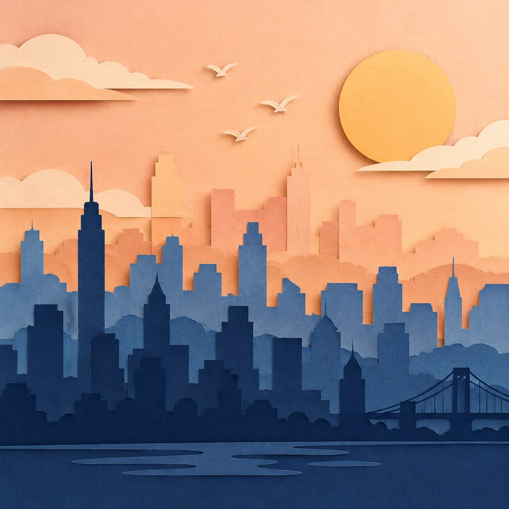 Papercut Skyline bei Sonnenaufgang Illustration