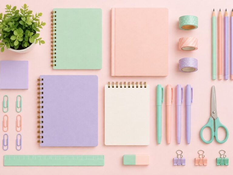 Pastellfarbene Büroartikel im Flatlay Minimalistisch