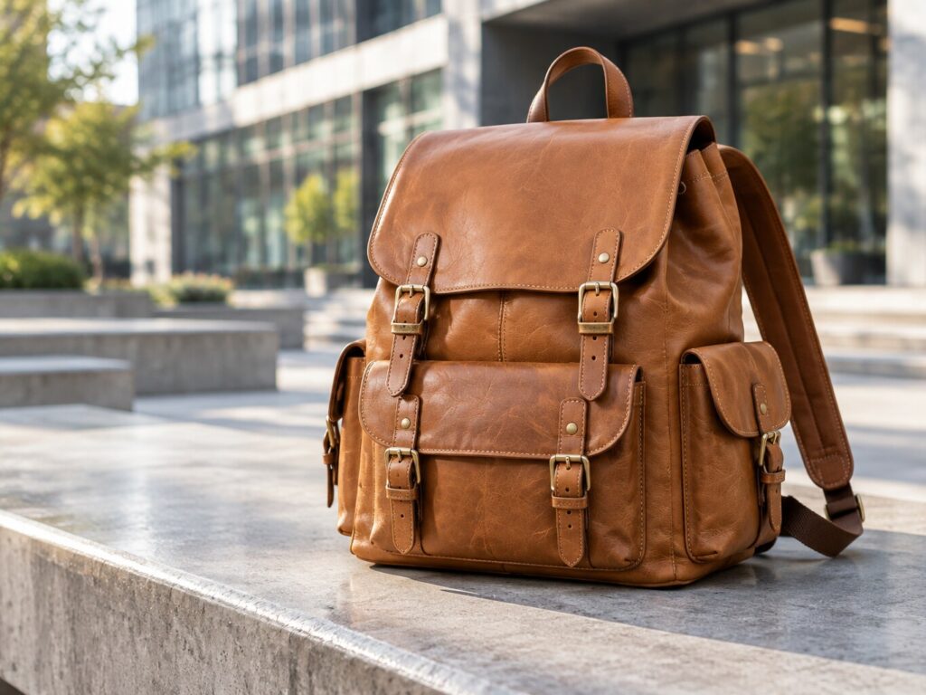 Brown leather backpack in urban setting, stylish photo