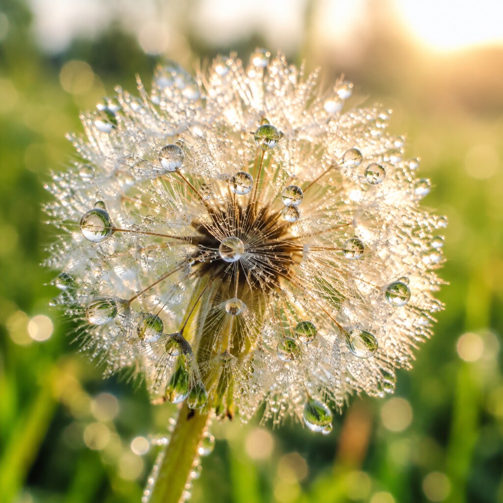 Dandelion Close-Up with Dewdrops in Photorealistic Light