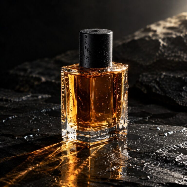 Parfumflakon mit Amber auf nassem Stein, Kino-Licht