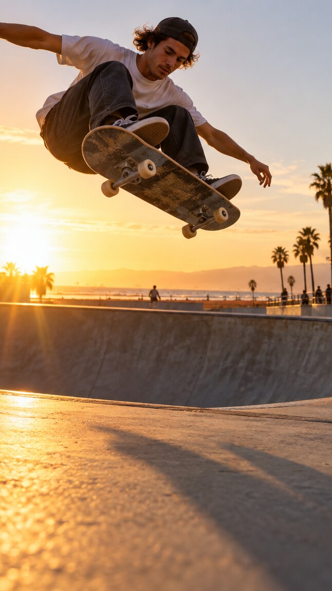 Skater-Trick im Sonnenuntergang Küstenstil KI-Bild