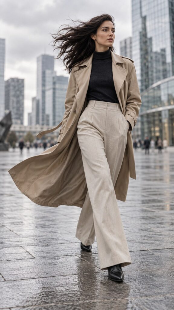Confident Woman in Trench Coat, Cinematic Urban Fashion