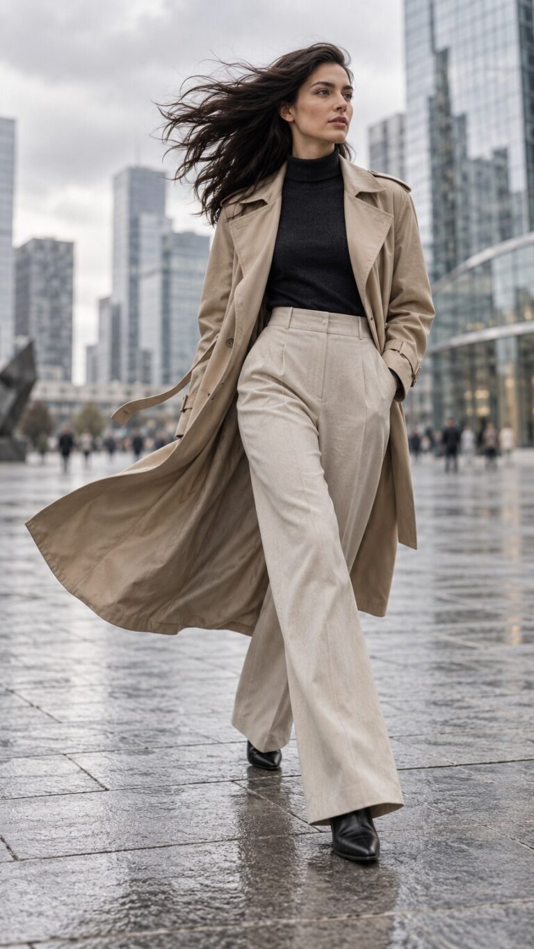 Confident Woman in Trench Coat, Cinematic Urban Fashion