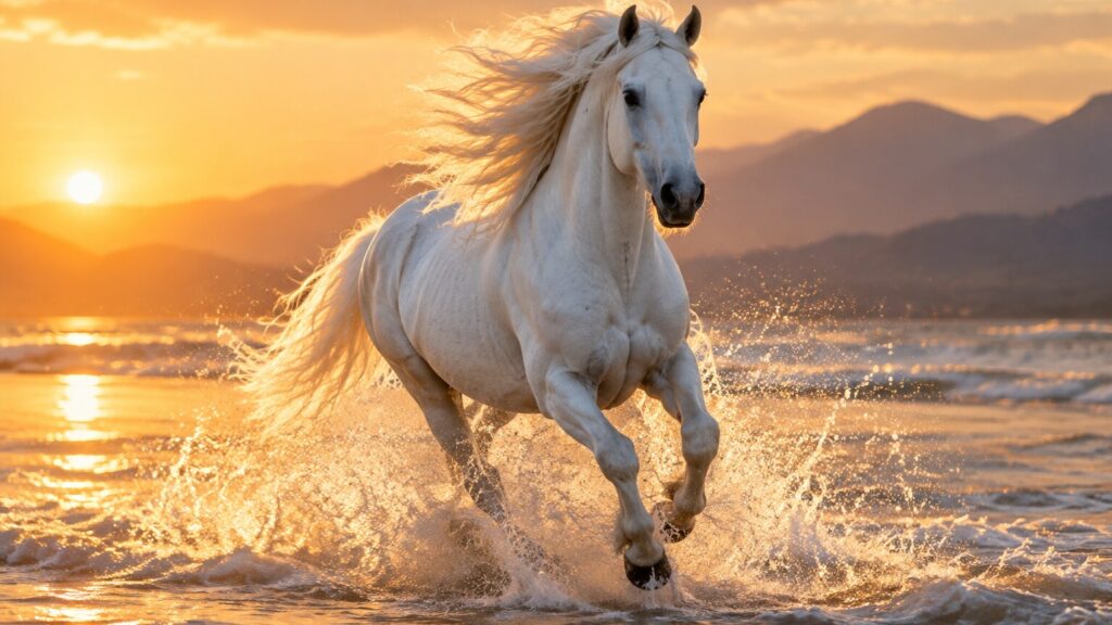 White Horse Galloping at Sunset – Dreamy Digital Art