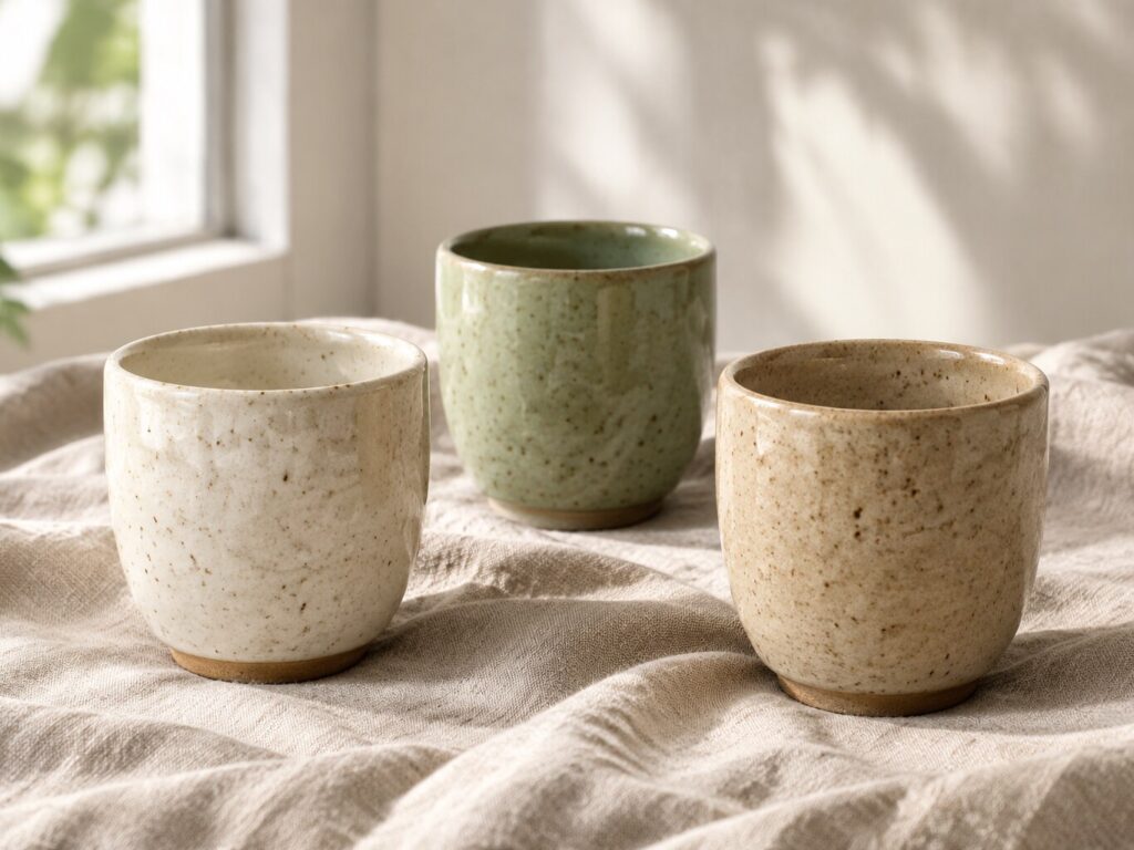 Xícaras de cerâmica artesanal em estilo minimalista