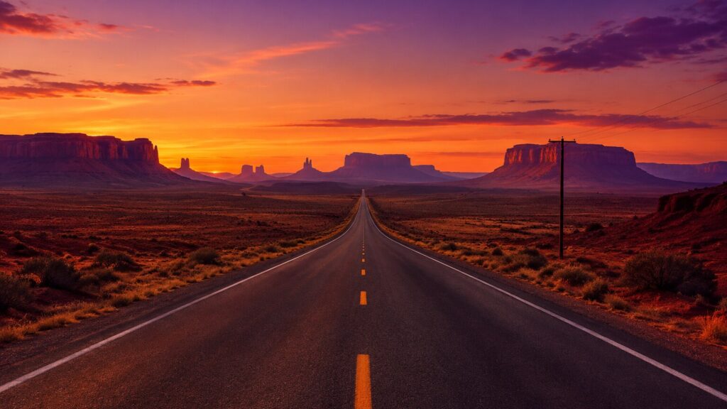 Endless Desert Highway at Sunrise, Realistic AI Art