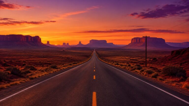 Carretera desértica sin fin al amanecer, arte AI realista