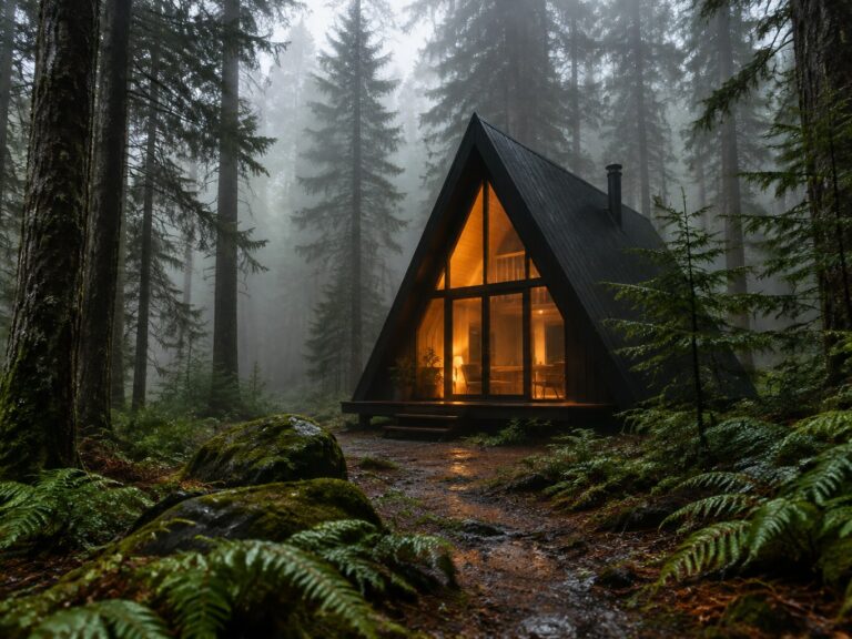 Cabaña alpina en bosque brumoso, arte realista cinemático
