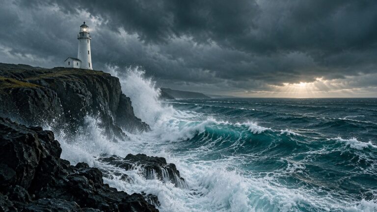 Lighthouse on Cliff with Stormy Waves Photorealism