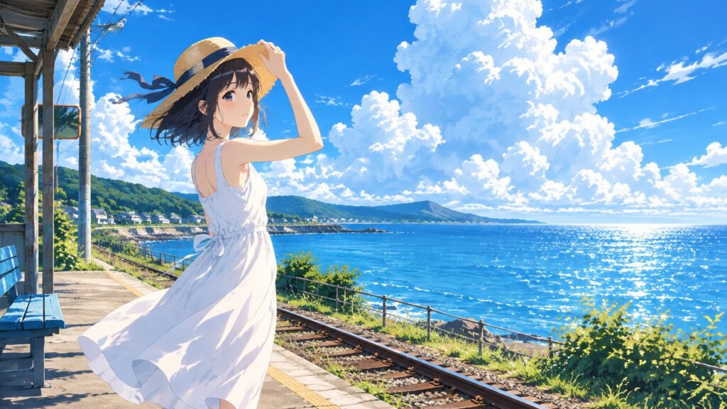 Anime girl in sundress at seaside station – vivid summer art