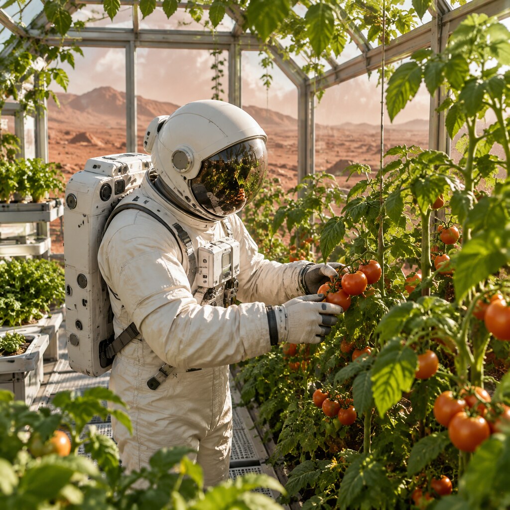 Astronaut Harvesting Tomatoes on Mars, Photorealistic Sci-Fi