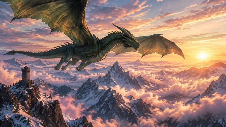 Majestätischer Drache über verschneiten Bergen – KI-Kunst