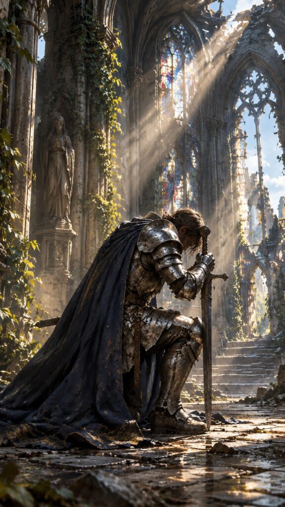 Kneeling Knight in Ruined Gothic Cathedral, Fantasy Art