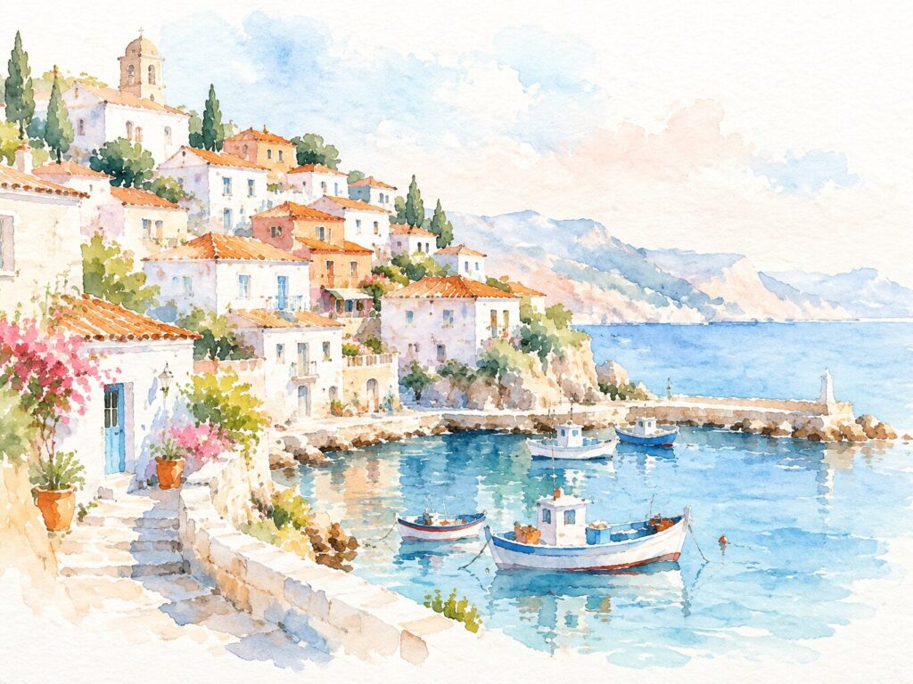 Mediterranean Seaside Village Watercolor Art