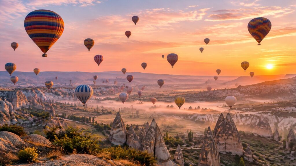 Hot Air Balloons Over Rocky Valley at Sunrise Art