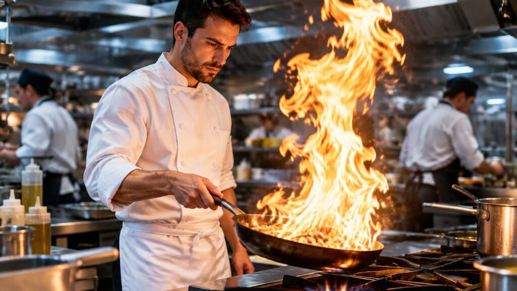 Koch mit Flammen, cineastische Profi-Küche
