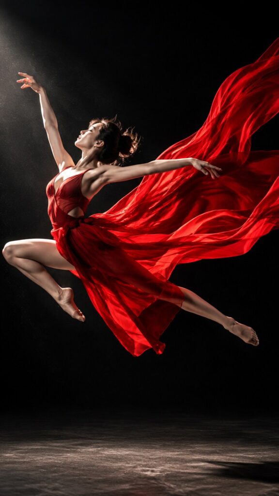 Ballet Dancer in Vibrant Red Dress, Cinematic Lighting
