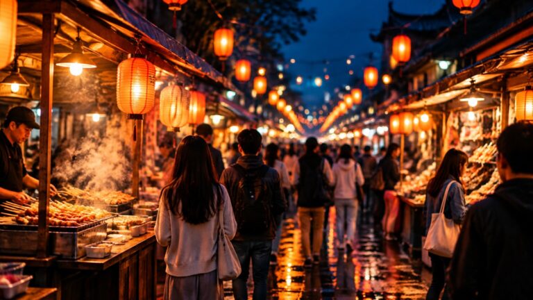 Lebhafter Nachtmarkt im Schein von Laternen