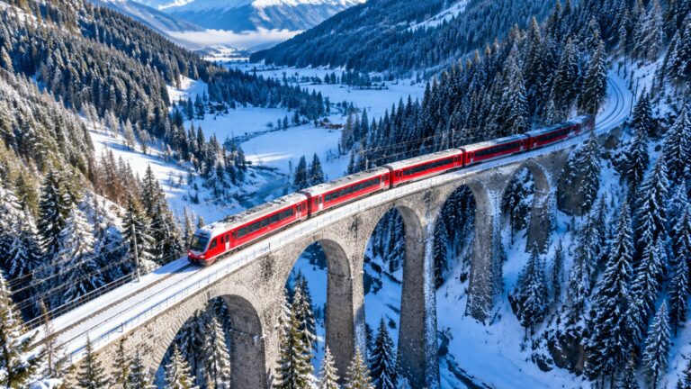 Roter Zug auf verschneitem Alpenviadukt aus der Luft