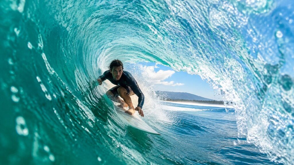 Surfer im türkisfarbenen Wellenrohr, dynamische Szene