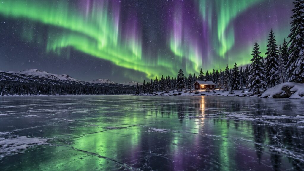 Aurora Borealis Over Frozen Lake, Photorealistic Night Art