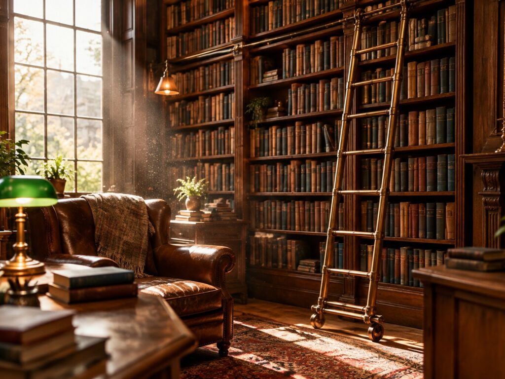 Biblioteca vintage aconchegante ao sol, estilo artístico clássico