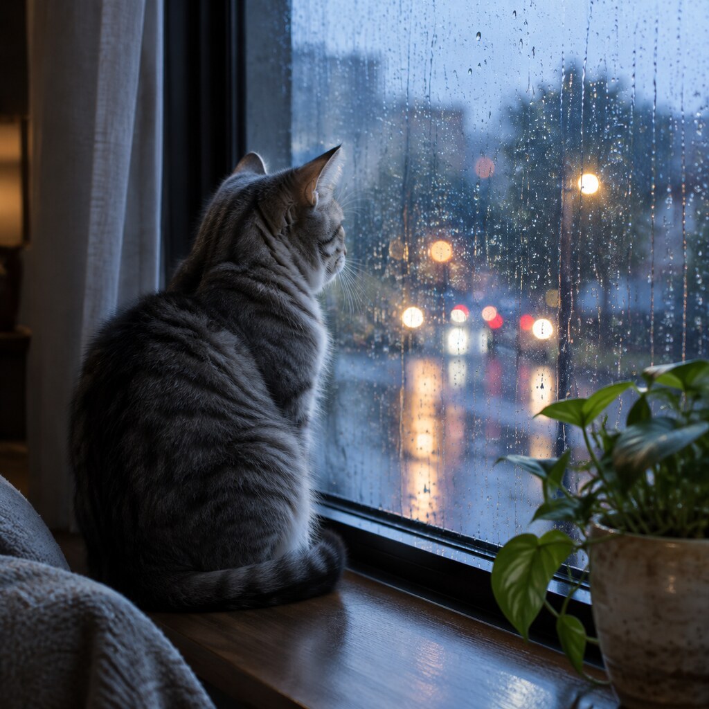 Getigerte Katze am Fenster bei Regen, fotorealistisch