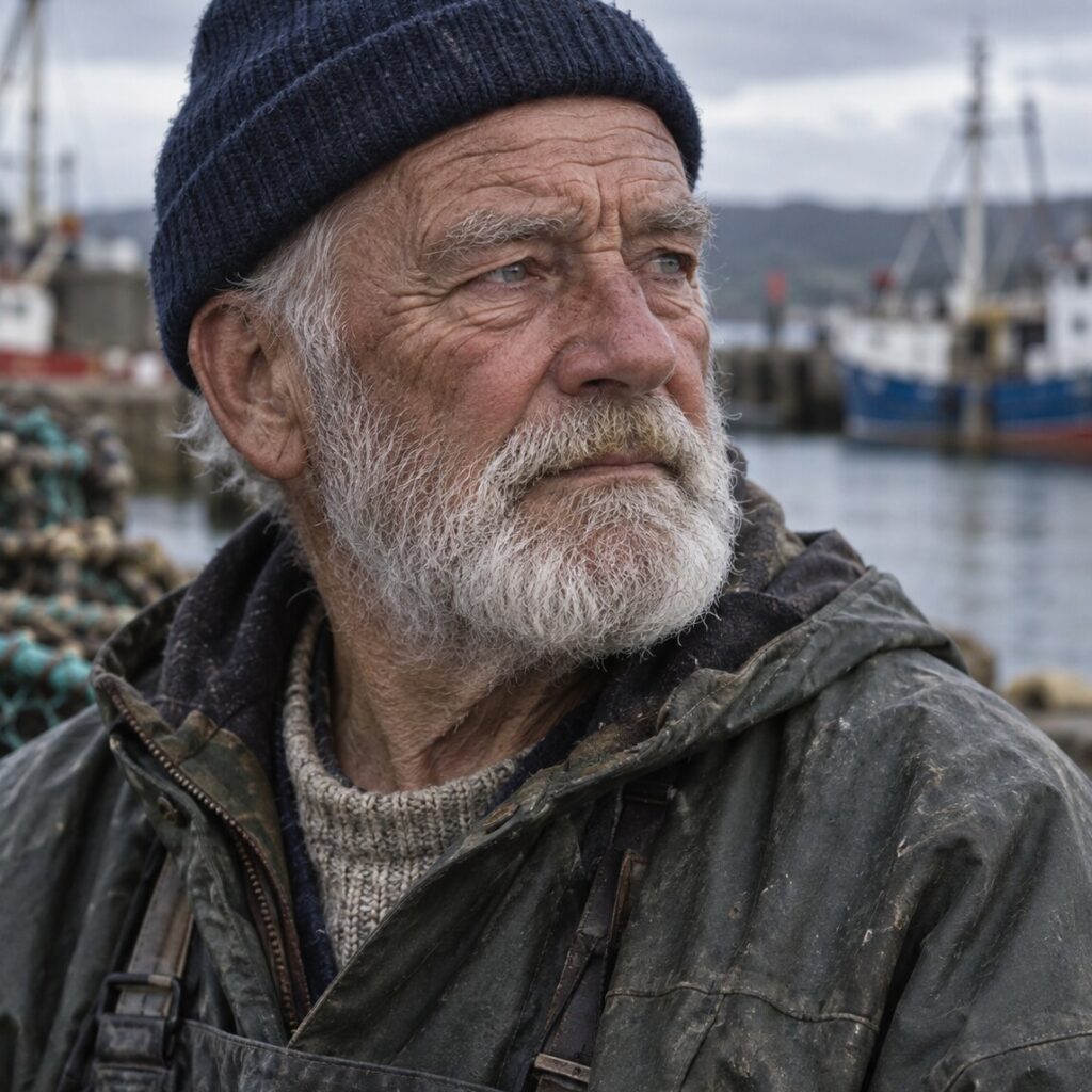 Retrato realista de pescador idoso no porto marítimo